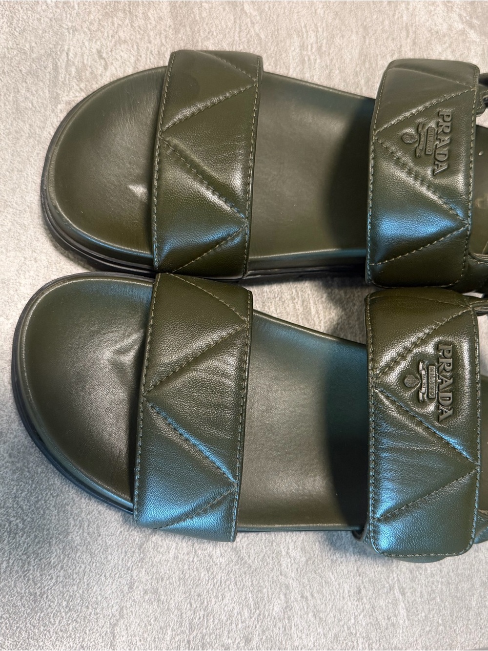 Olive green Prada Nappa quilted padded slingback sandals.